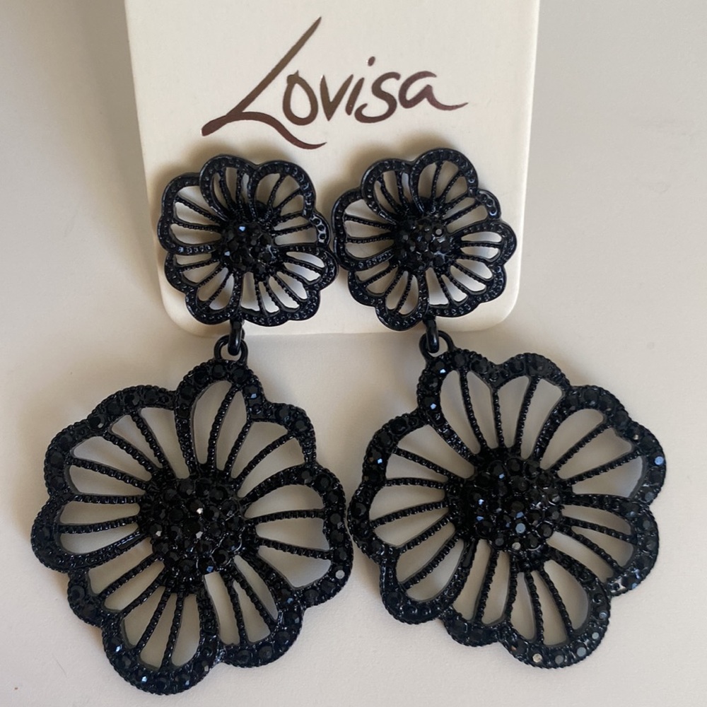 LOVISA Black Rhinestone Floral Earrings